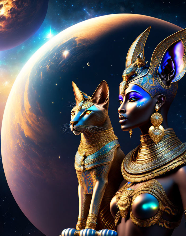 Digital Artwork: Egyptian Woman and Cat in Gold Jewelry Under Starry Sky