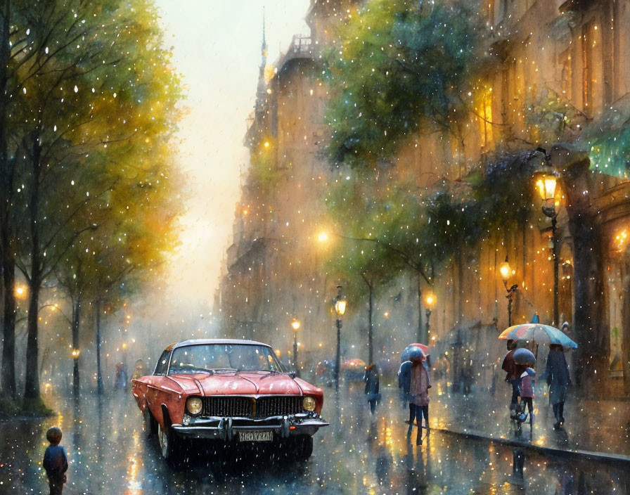 Rainy street scene with umbrellas, vintage car, and autumnal colors.