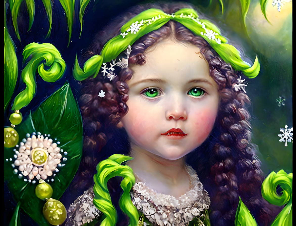 Detailed digital painting: Young girl with curly brown hair and white flower adornments, surrounded by lush green