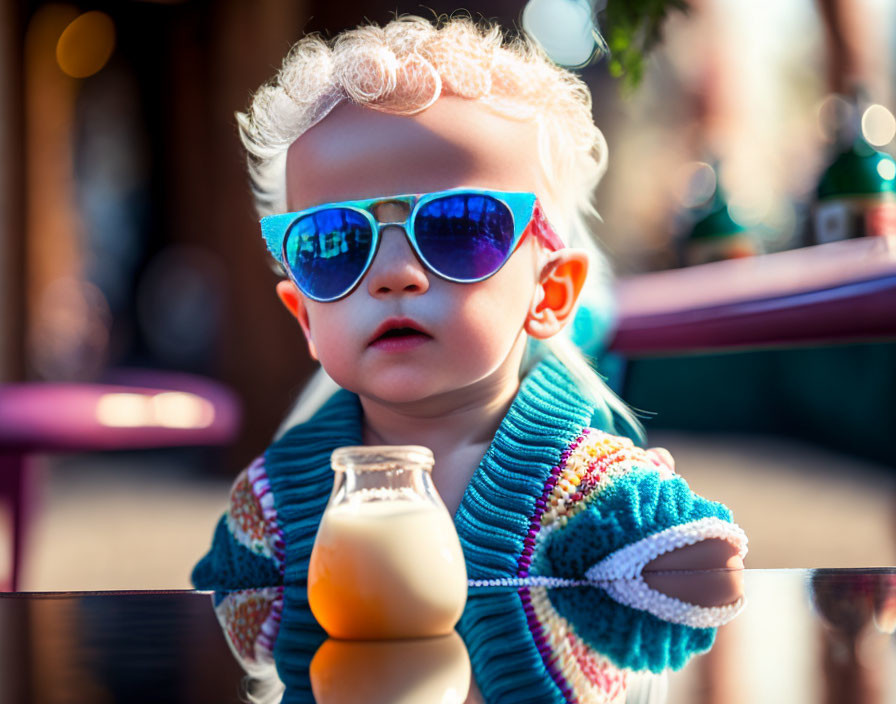 Curly-Haired Toddler in Sunglasses Sips from Cup at Table