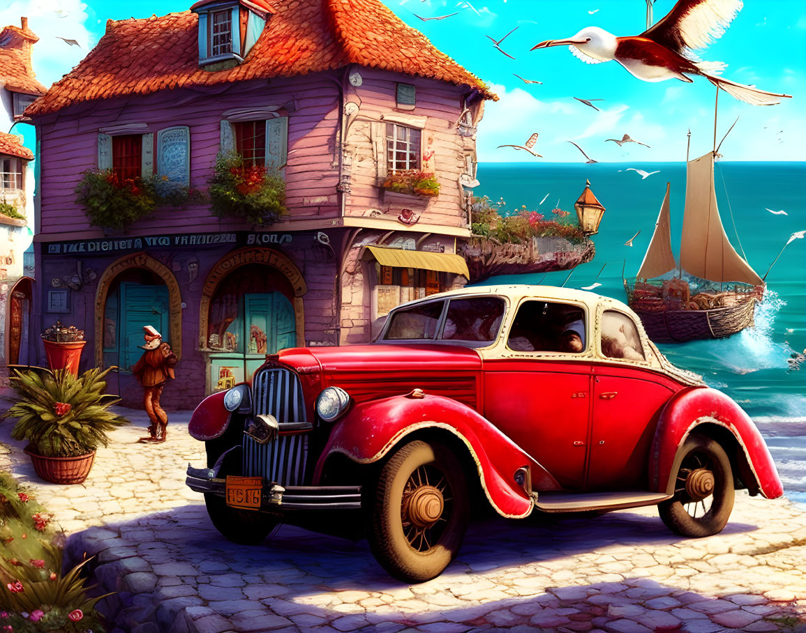 Scenic coastal view with vintage car, houses, boat, and seagulls