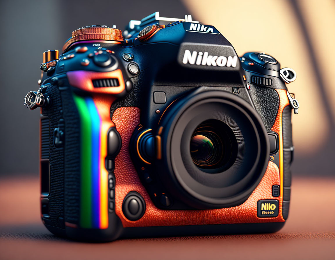 Close-Up of Black and Orange Nikon DSLR Camera with Rainbow Flare