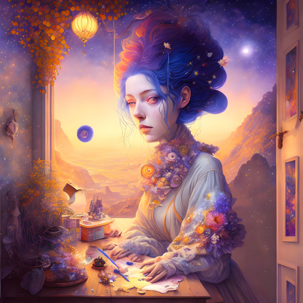 Whimsical illustration of woman with blue hair in magical landscape