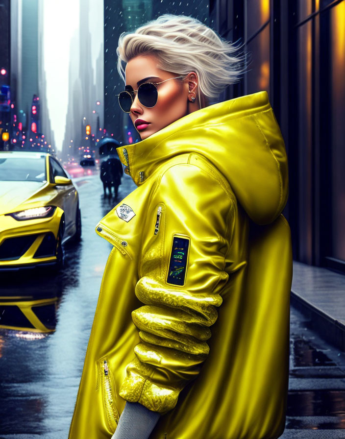 Stylish person in yellow jacket and sunglasses on city street with wet pavement and yellow cars