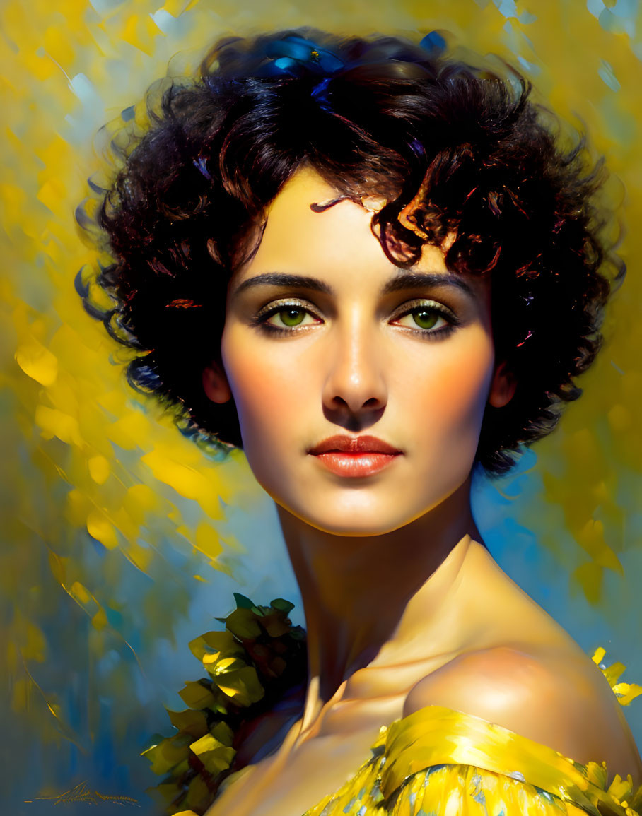 Portrait of woman with curly dark hair and green eyes in yellow top against sunny background