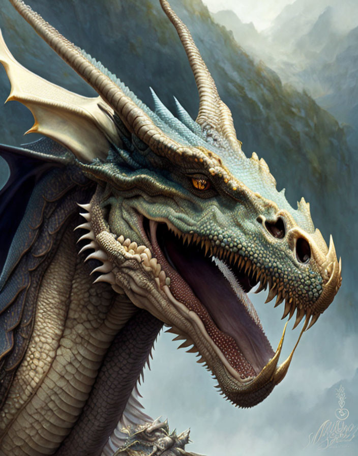 Detailed Blue Dragon Illustration with Sharp Horns and Scales against Misty Mountains