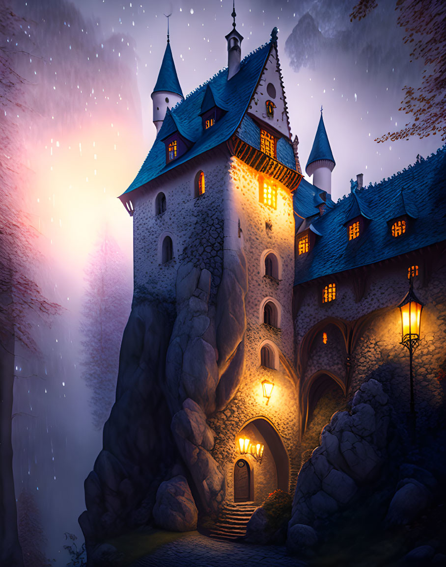 Castle on Rocky Hill under Twilight Sky with Glowing Windows