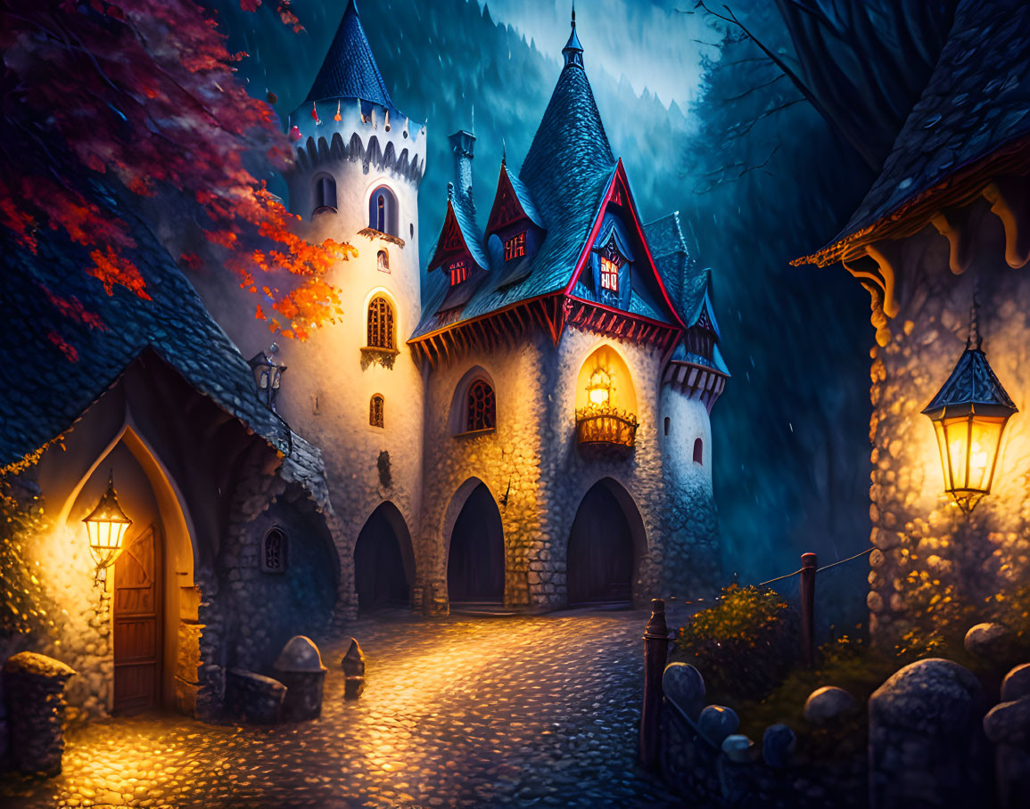 Medieval-style stone castles in vibrant autumn setting at twilight