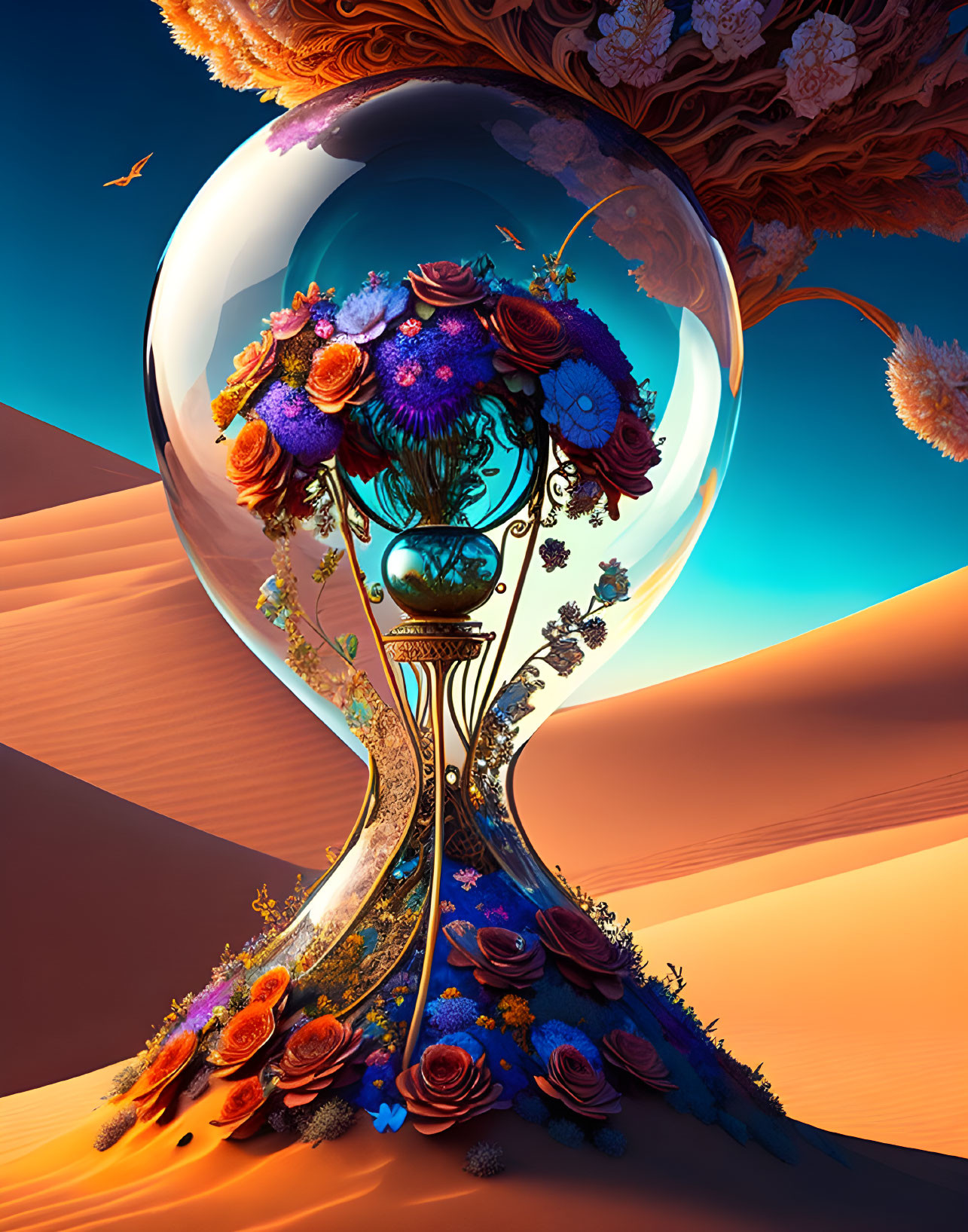 Surreal hourglass with vibrant flower flow in desert landscape