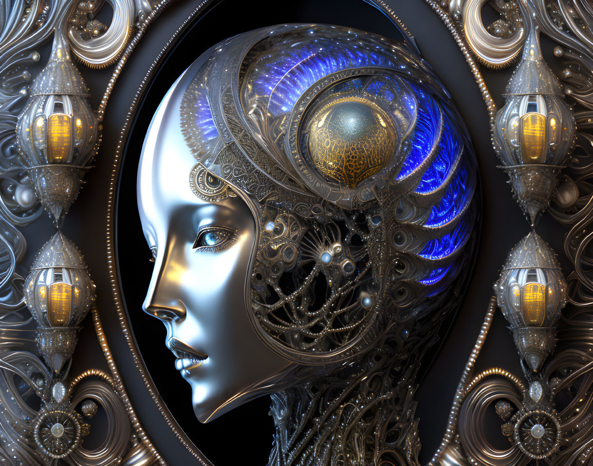 Symmetrical humanoid robotic face with intricate metal decorations.