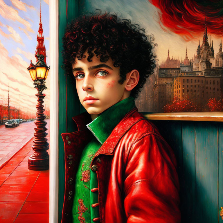 Young person with curly hair in red jacket against vibrant cityscape