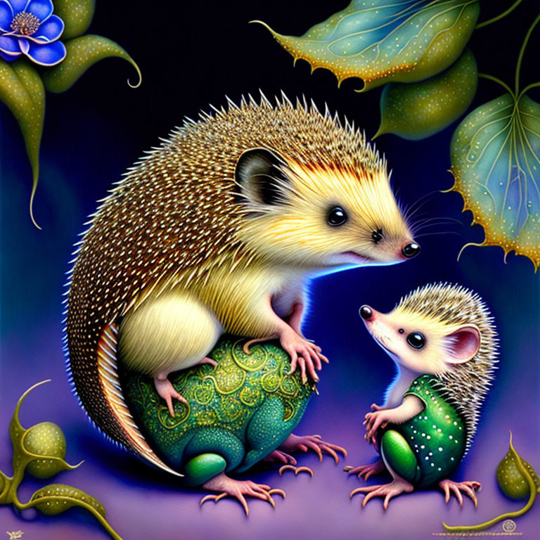 Vibrant depiction of adult and young hedgehogs on green globe