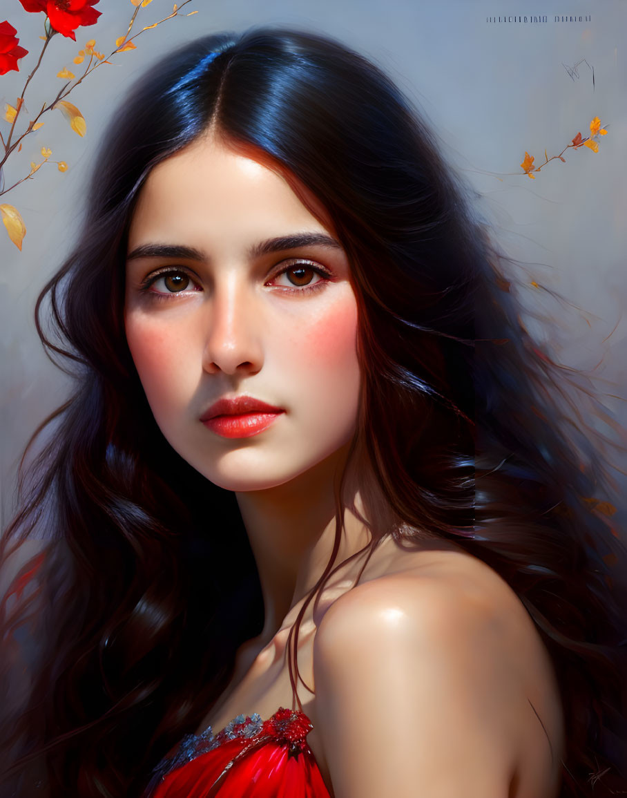 Portrait of Woman with Long Dark Hair and Red Dress in Digital Art