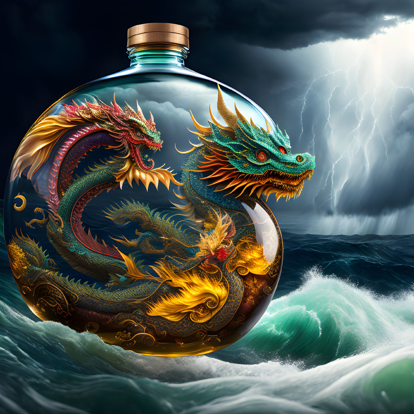 Illustration of two dragons in glass bottle amidst stormy seas