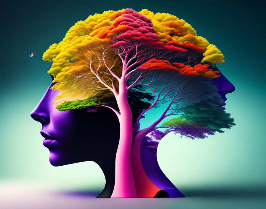 Colorful Digital Art: Human Profile with Tree Brain