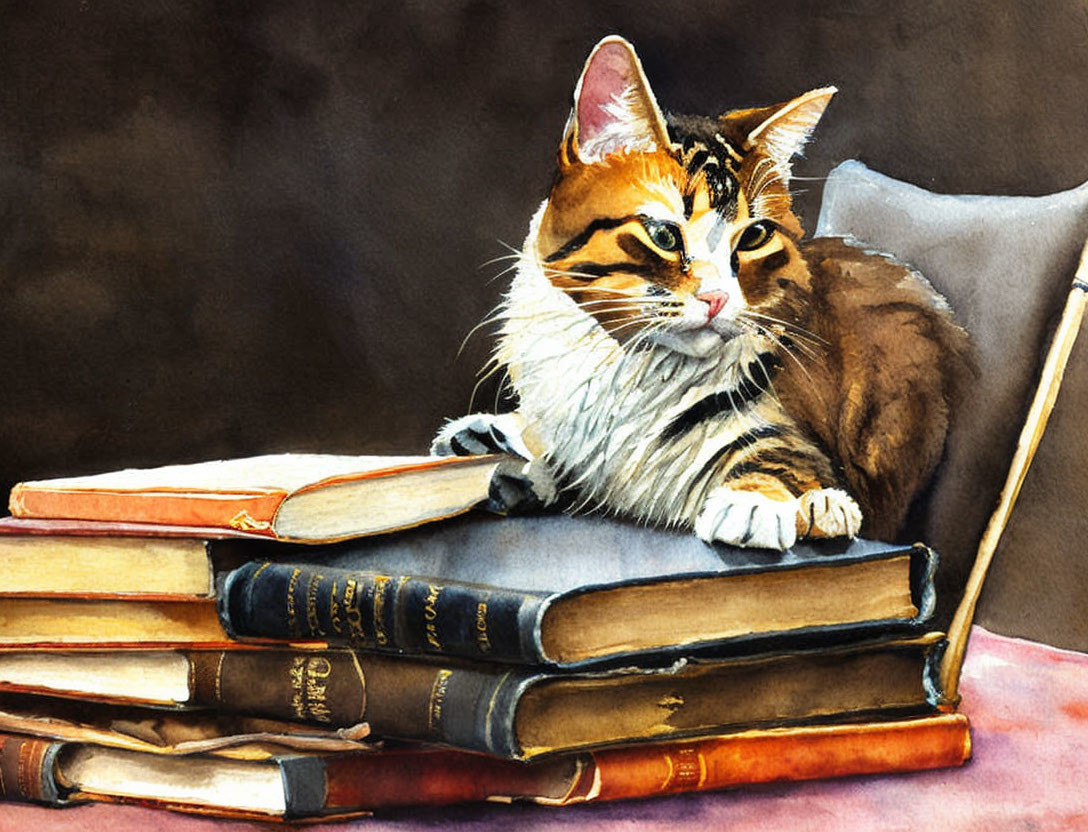 Striped Cat on Hardcover Books in Watercolor Art