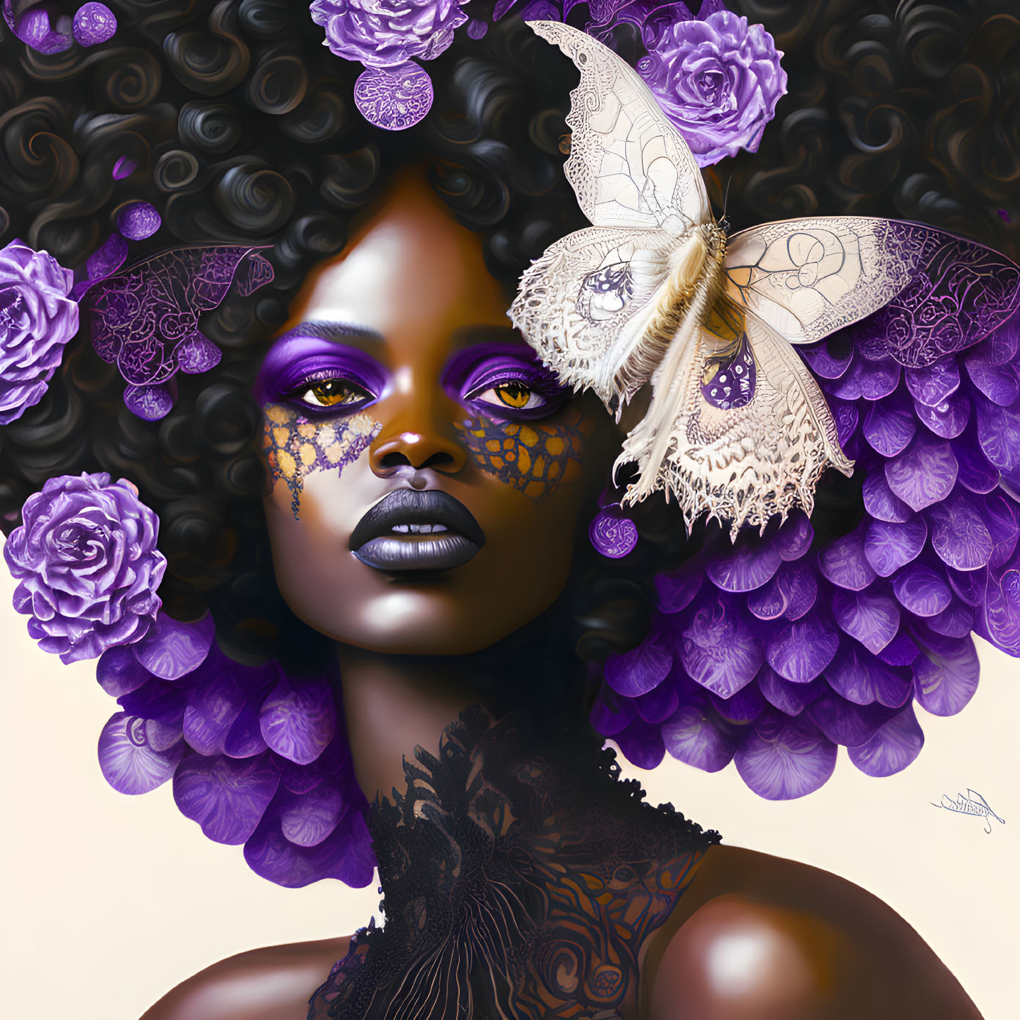 Portrait of Woman with Purple Eye Makeup, Flowers, and Butterfly