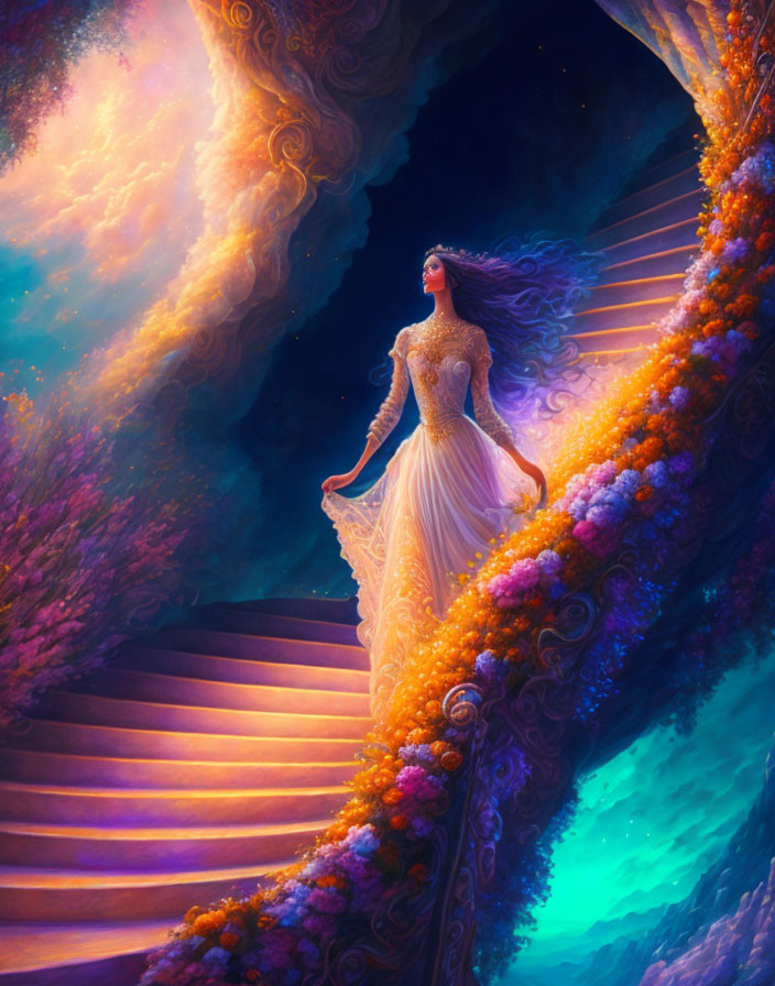 Elegant woman in gown climbing flower-adorned staircase under vibrant sky