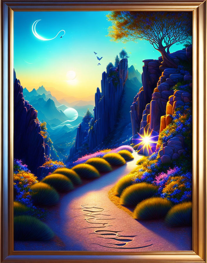 Vibrant digital artwork: winding path in fantastical mountain landscape at twilight