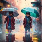 Children playing in colorful umbrellas on rainy street symbolize carefree fun