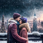 Romantic couple embracing in snowy night cityscape with tower.