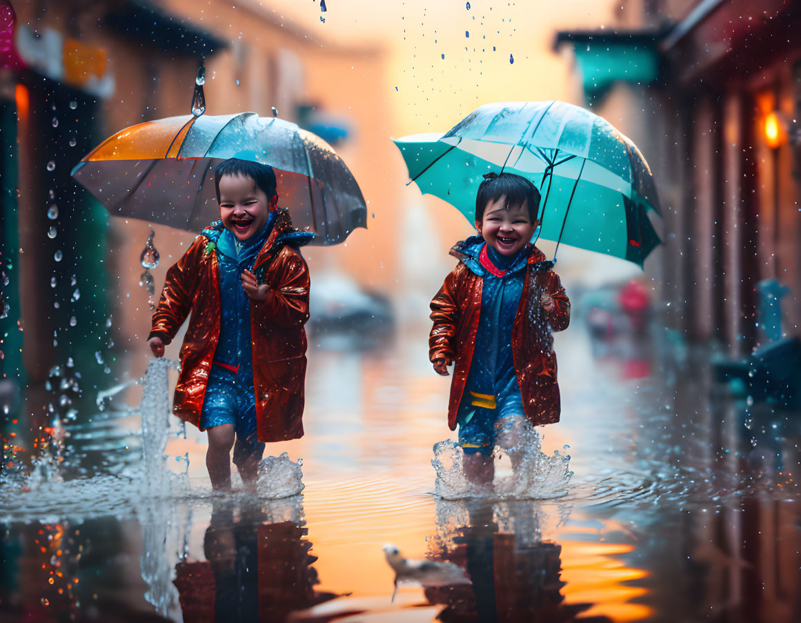 Children playing in colorful umbrellas on rainy street symbolize carefree fun