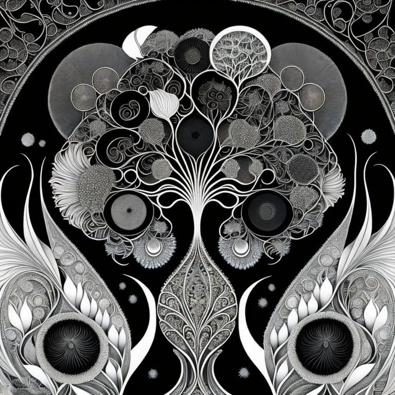 Symmetrical floral and abstract monochrome art with circular motifs