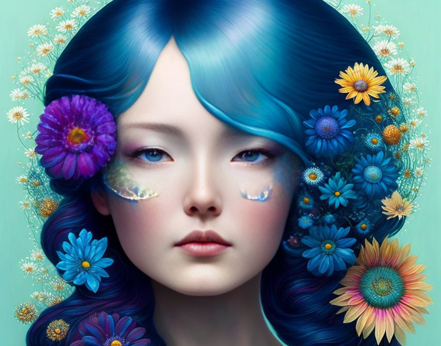 Illustrated portrait of girl with blue hair and floral embellishments.