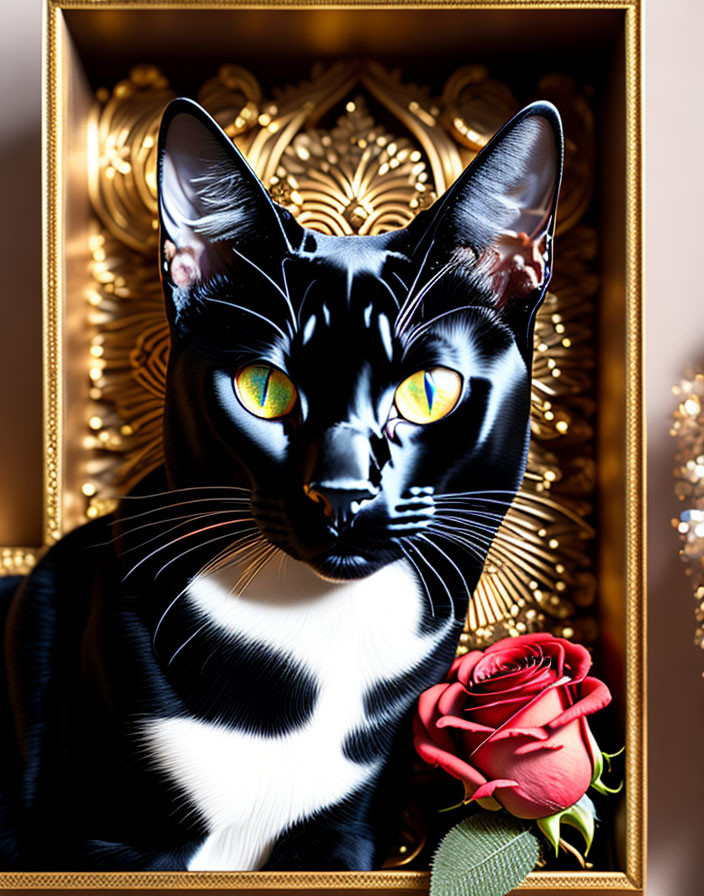 Black and White Cat with Yellow Eyes in Ornate Golden Frame and Red Rose