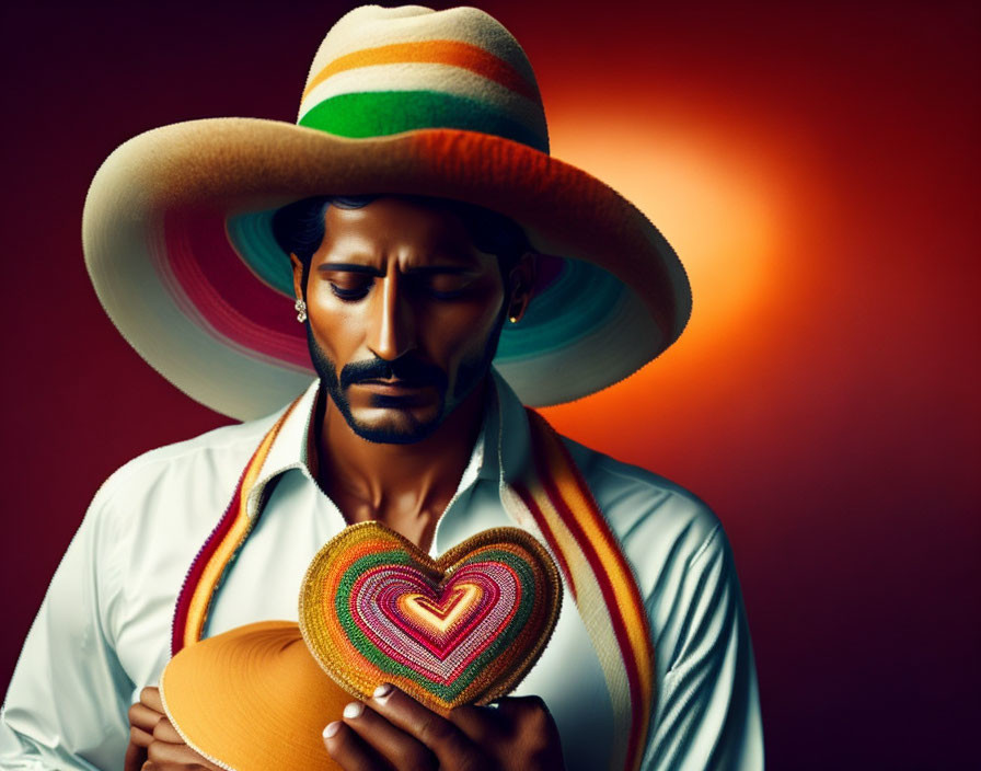 Person in White Shirt Holding Heart Hat with Colorful Sombrero