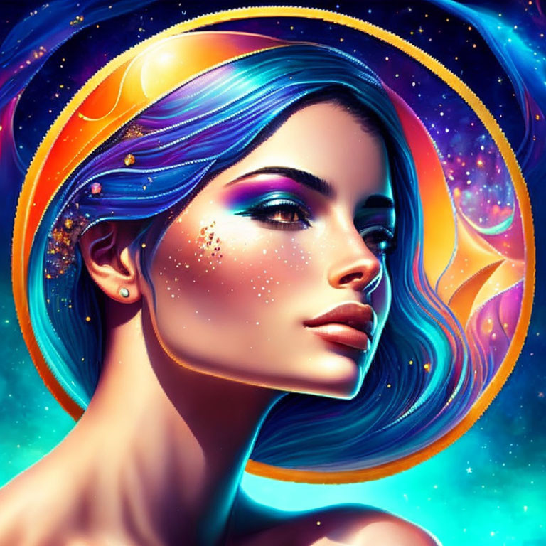 Colorful digital artwork: Woman with blue hair and cosmic elements