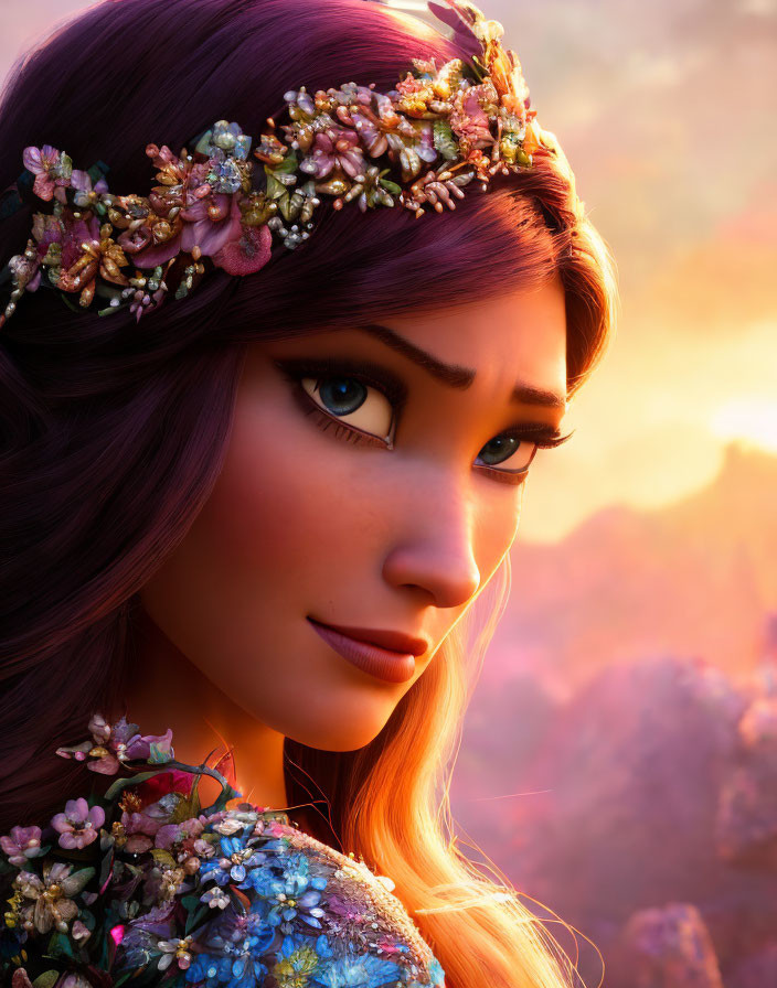 Purple-Haired Animated Character with Floral Crown in Sunset Landscape