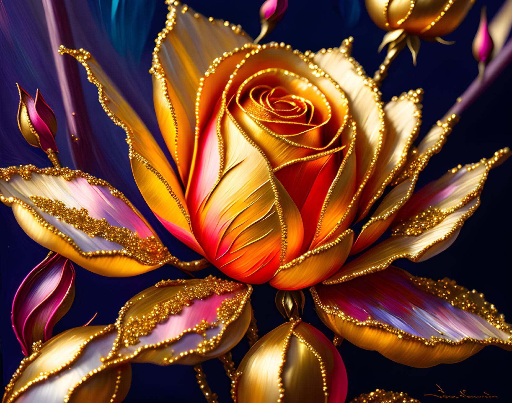 Colorful Flower Artwork with Golden Accents on Dark Background