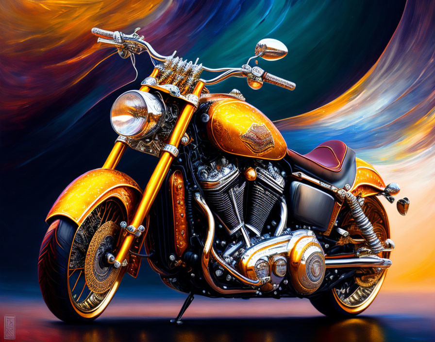 Custom-painted Orange Motorcycle with Chrome Details on Colorful Abstract Background