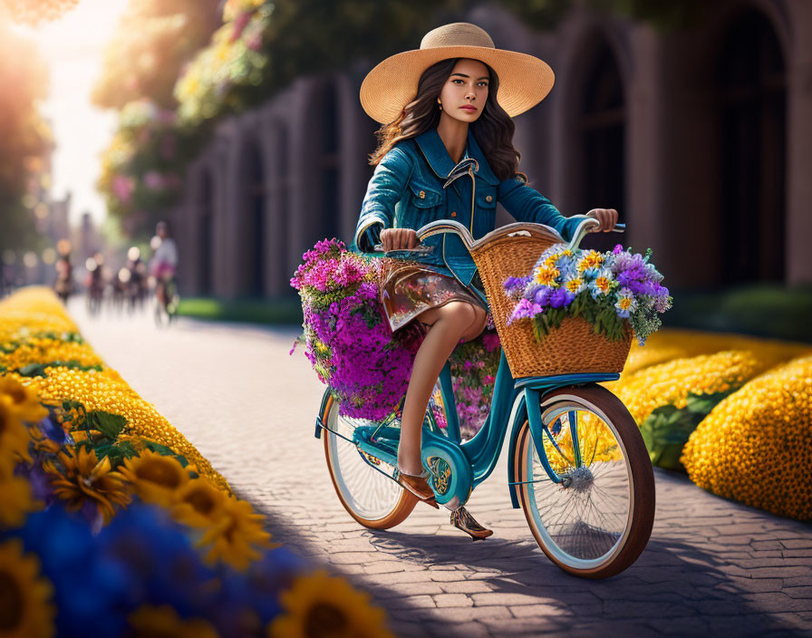 Woman with wide-brimmed hat on bicycle with flower baskets in colorful street