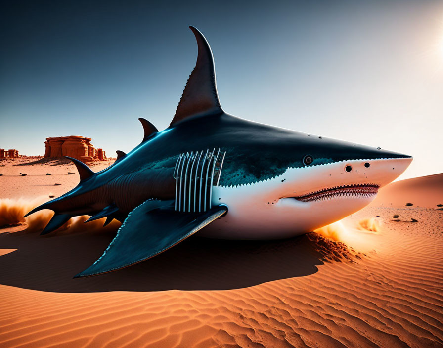 Surreal image: large shark in sand dunes under clear sky