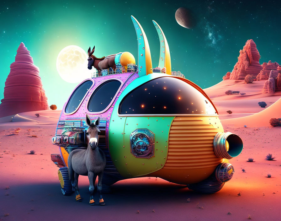 Colorful Retro Spaceship on Alien Planet with Donkey and Moon