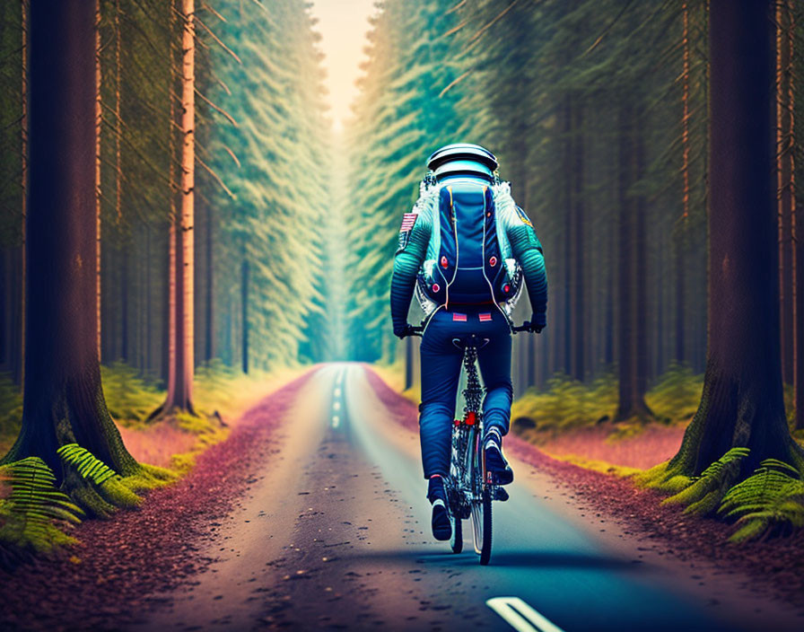 Cyclist with backpack on serene forest path among tall trees