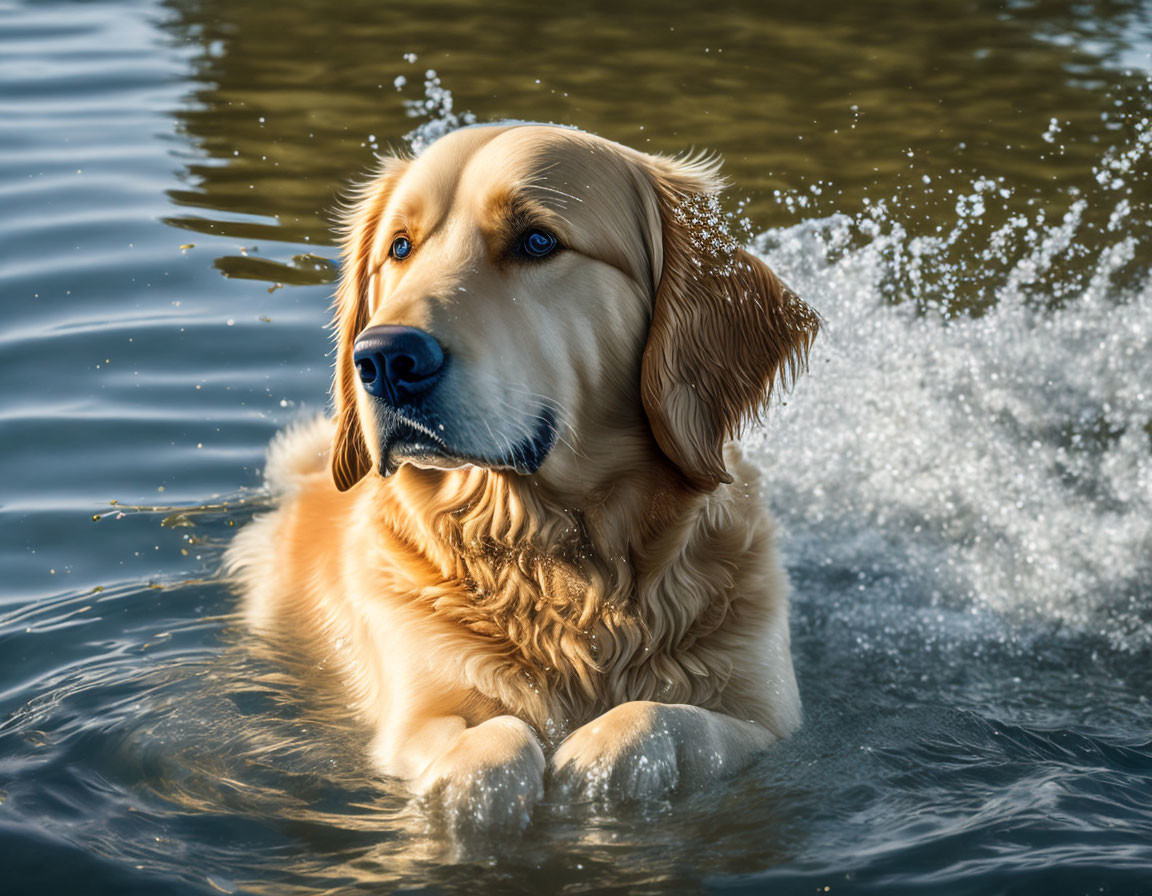 Golden Retriever Swimming in Sunlit Water with Focused Gaze