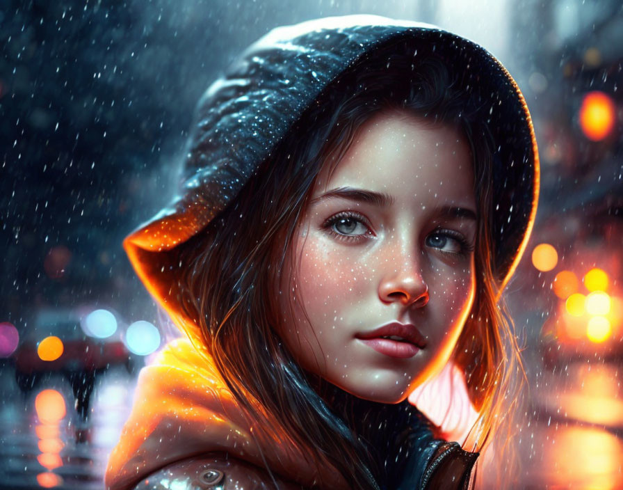 Young girl in hood gazes with snowflakes on face in city nightscape