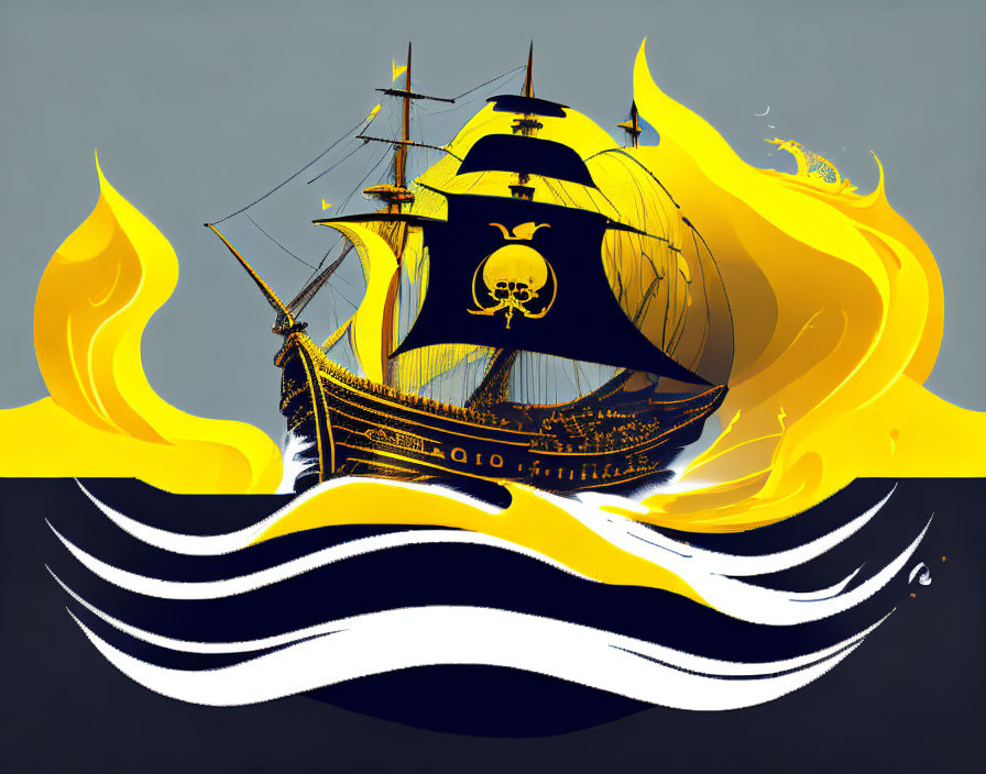 Stylized pirate ship with ablaze sails on black and white waves