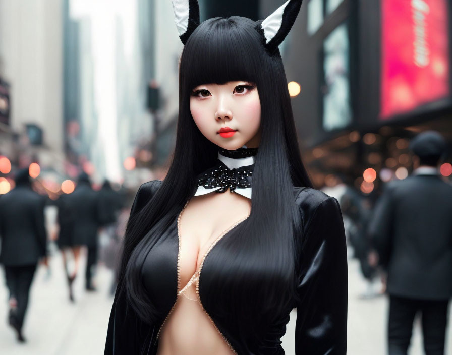 Woman in Black Cat Costume with Deep Neckline and Cat Ears in Urban Street