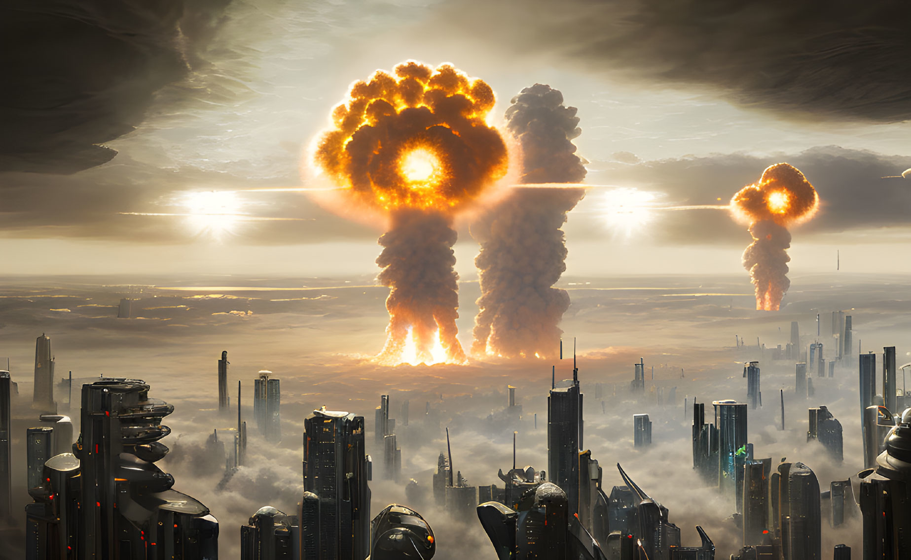 Dramatic futuristic city skyline with mushroom clouds in background