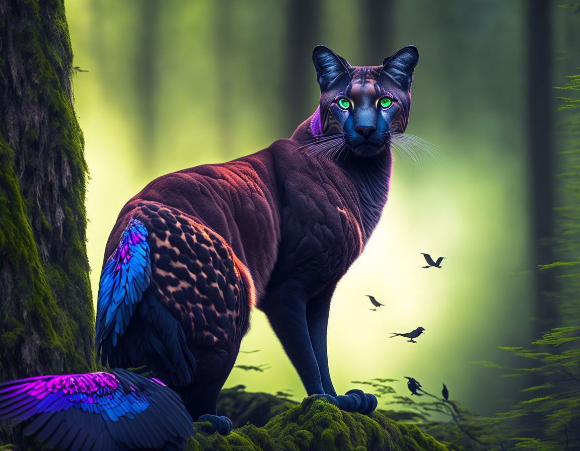 Surreal Cat-Bird Hybrid in Misty Forest with Vibrant Feathers