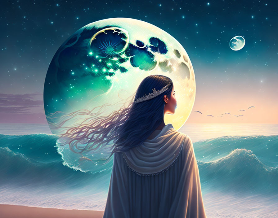 Woman gazing at surreal oversized moon over sea with vivid colors and birds flying at dusk