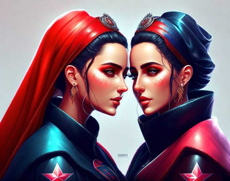 Identical twins in red headscarves and black outfits with red star emblems