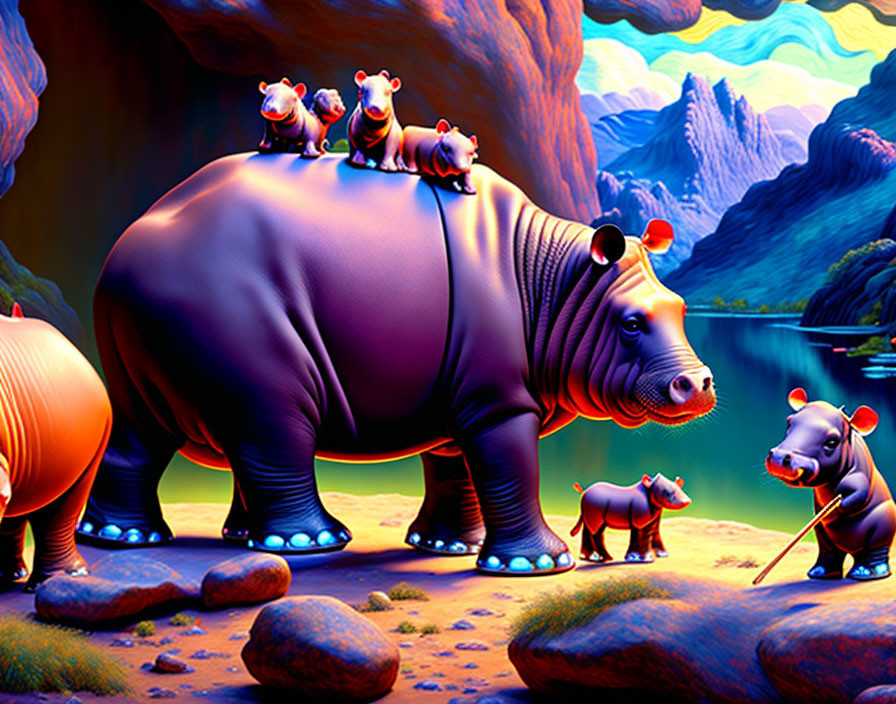 Vibrant digital illustration of oversized hippos in fantastical landscape