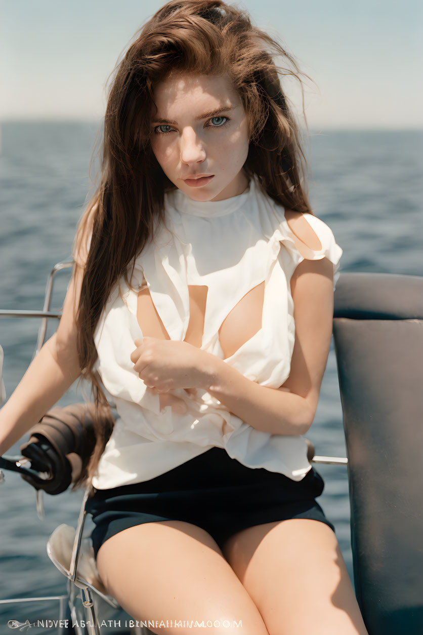 Woman with long brown hair and blue eyes in white top with cut-outs on boat by ocean