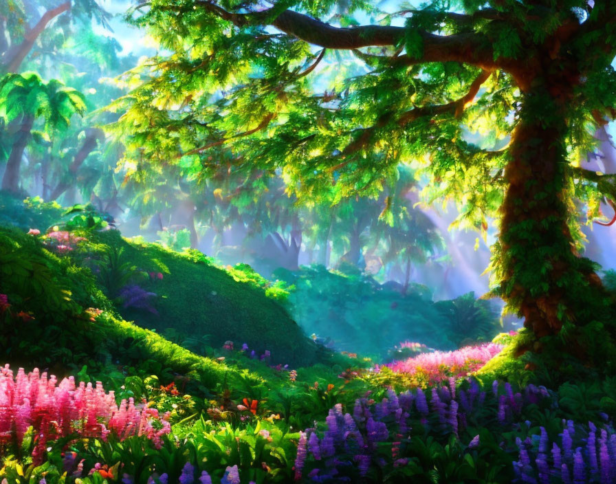 Lush forest with sunlight, moss-covered trees, pink and purple flowers