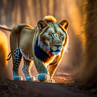 Majestic lion with vivid mane in sunlit forest